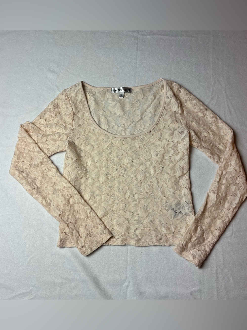 Madden Girl Cream Lace Long-Sleeve Scoop Neck Top